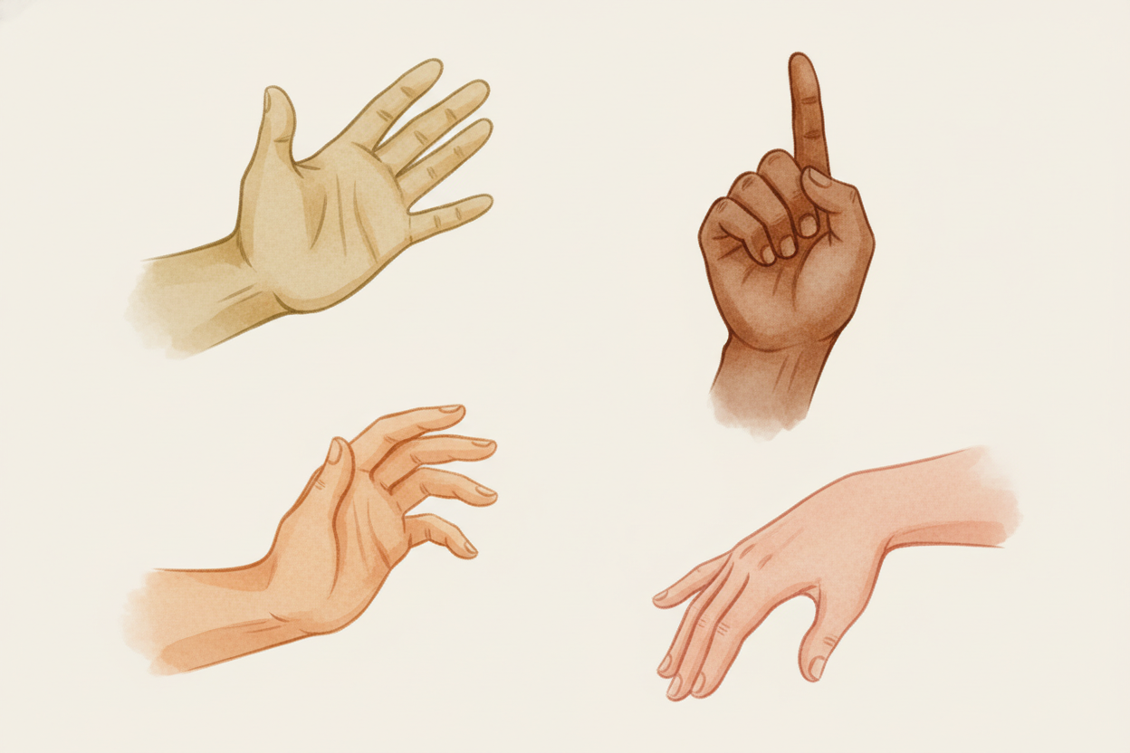 ~~Different cultures tweaked it.~~ In some places you wave **palm-out, fingers together**. In others, palm-in, _or just 