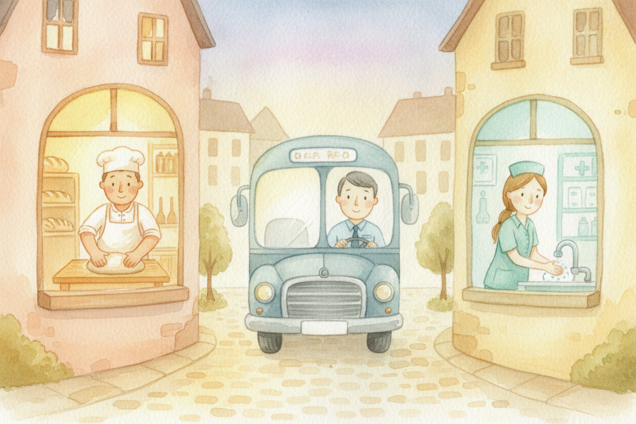 ~~Picture a town~~ **the moment the sun comes up**. A baker is already kneading dough, a bus driver is checking her mirr
