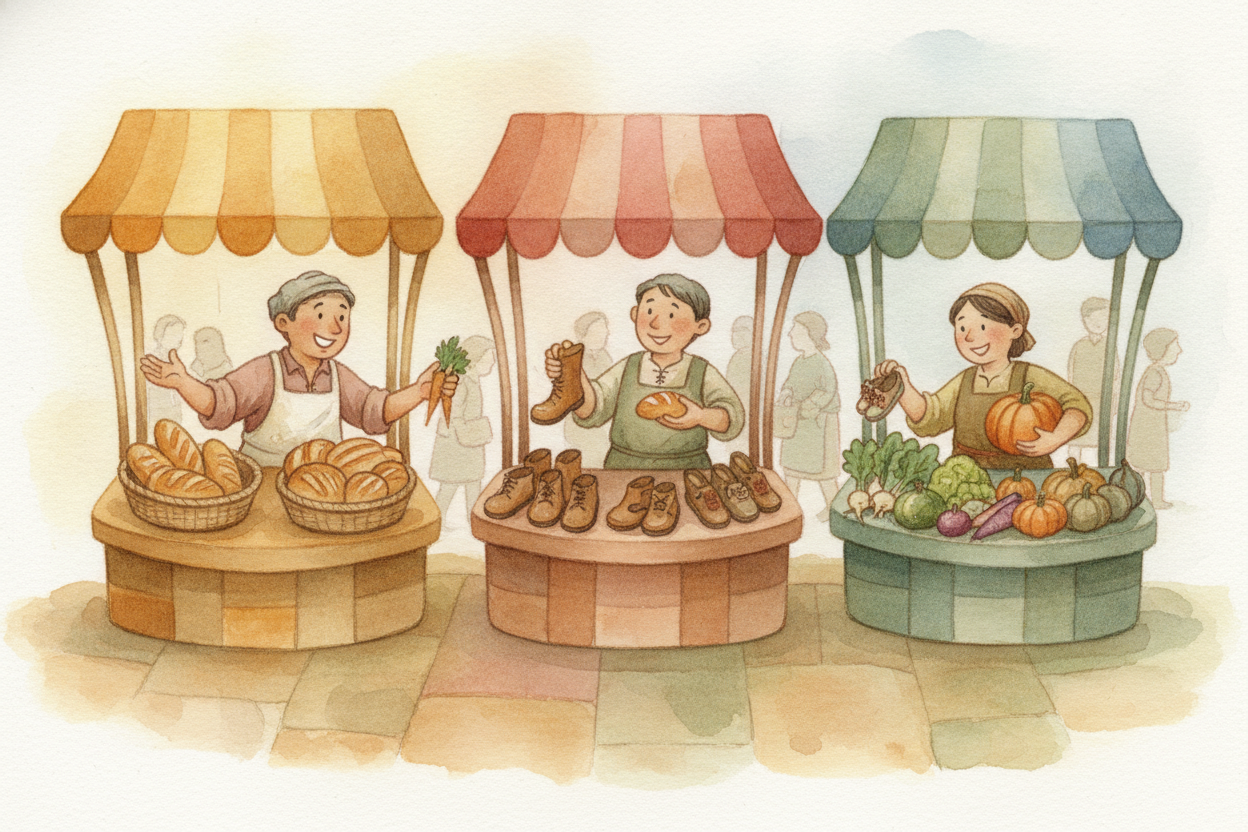 **That sharing is the secret.** The baker bakes far more bread than one family could eat. The shoemaker makes more shoes
