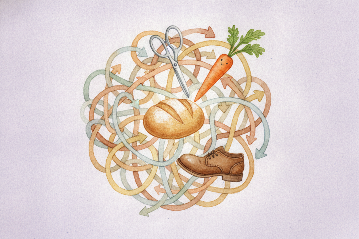 ~~But here's a wrinkle.~~ The baker doesn't want shoes today — she wants vegetables. The farmer wants a haircut. Trading