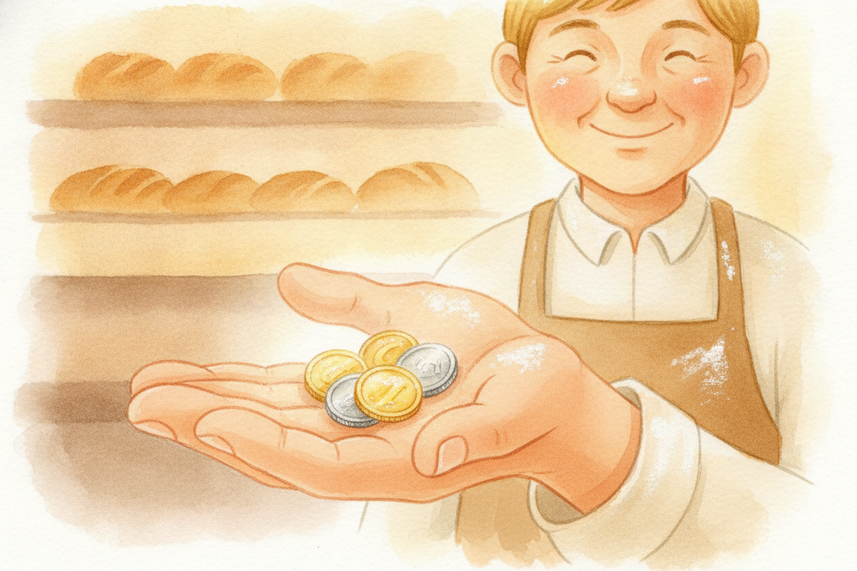 Money is really just **a promise you can carry in your pocket**. When the baker sells a loaf, she gets coins. Those coin