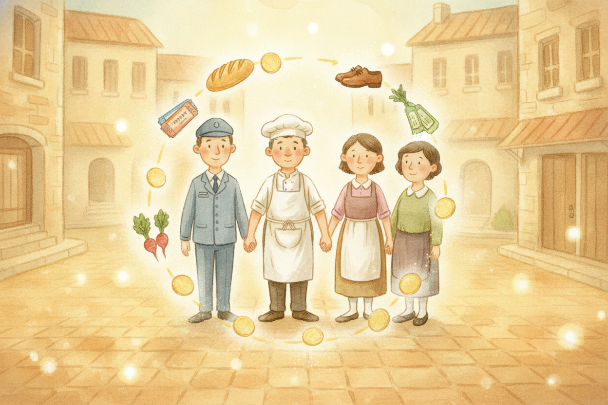 ~~Then the magic loops around.~~ The baker takes her coins to the shoemaker, who takes those coins to the farmer, who ta