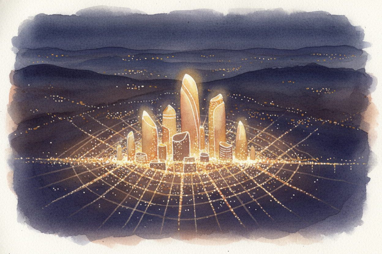 ~~Look at a city from above~~ — **a million lights, ten thousand streets**, people stacked in towers fifty stories high.