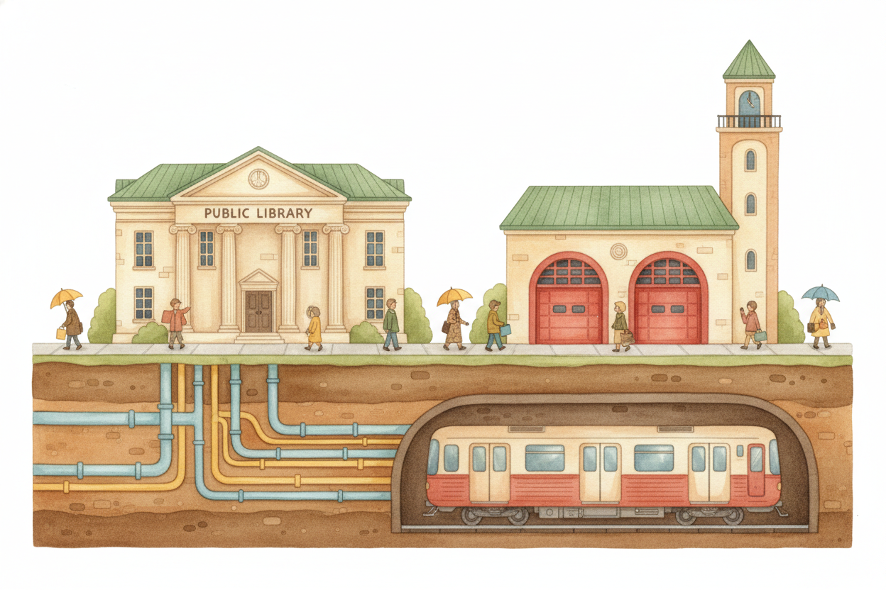 Cities also split up the cost of expensive things. **One library serves a hundred thousand people**. ~~One subway system