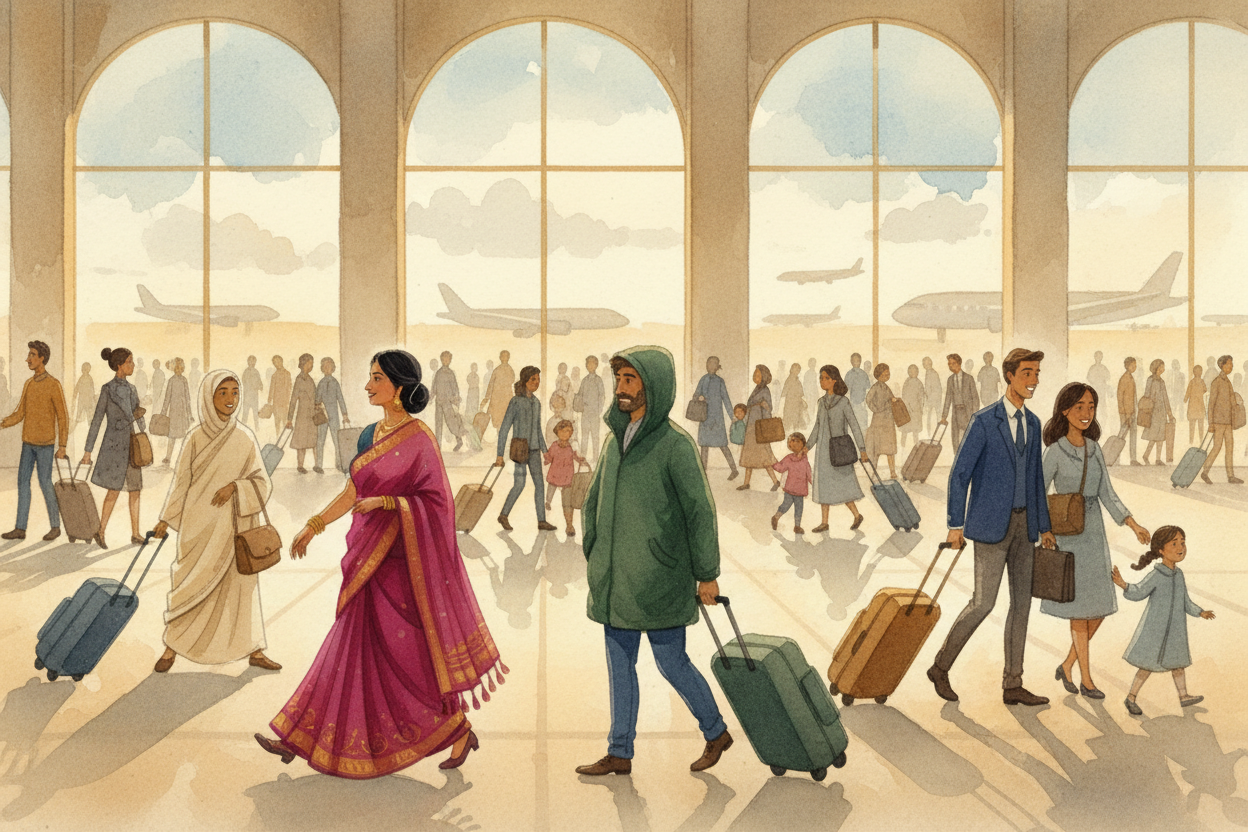 Walk into any airport and you'll see a parade: ~~saris bright as parrots~~, **parkas thick as sleeping bags**, **busines