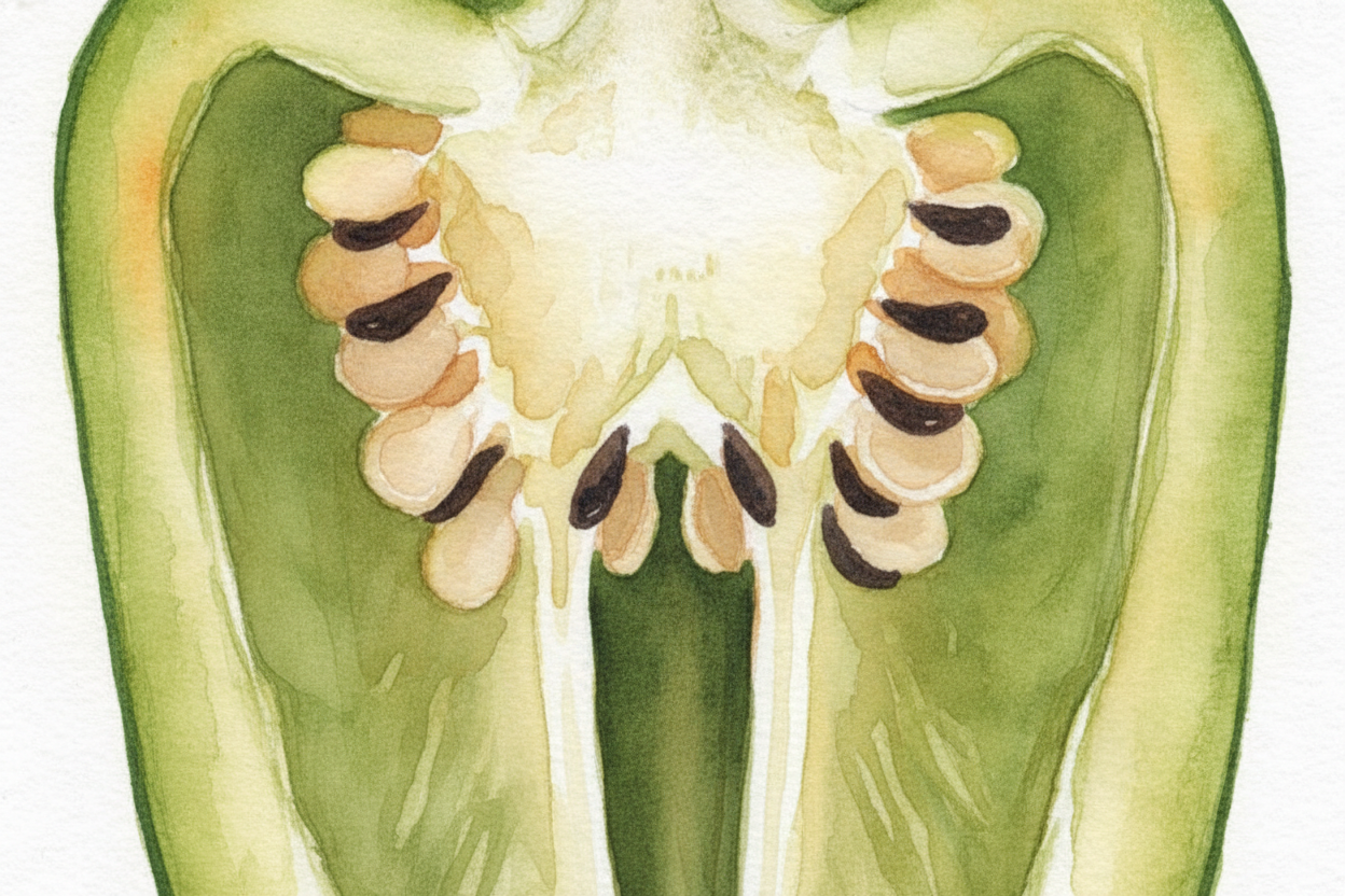 That spot is the ++placenta++ — the pale, spongy ribs running from top to bottom inside the pepper. The placenta is wher