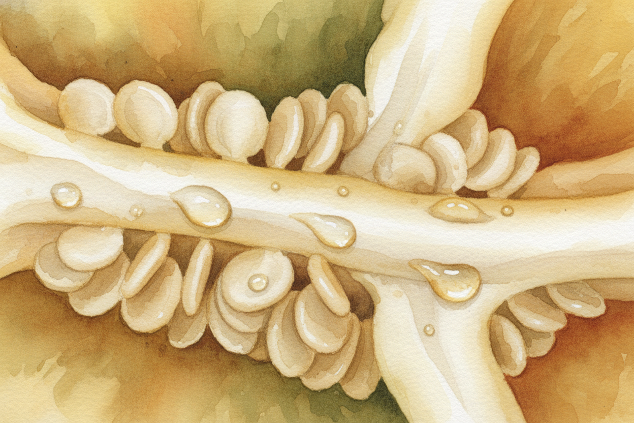 The seeds sit right against this fiery tissue their whole lives. ++Capsaicin++ is oily and sticky — it rubs off on anyth