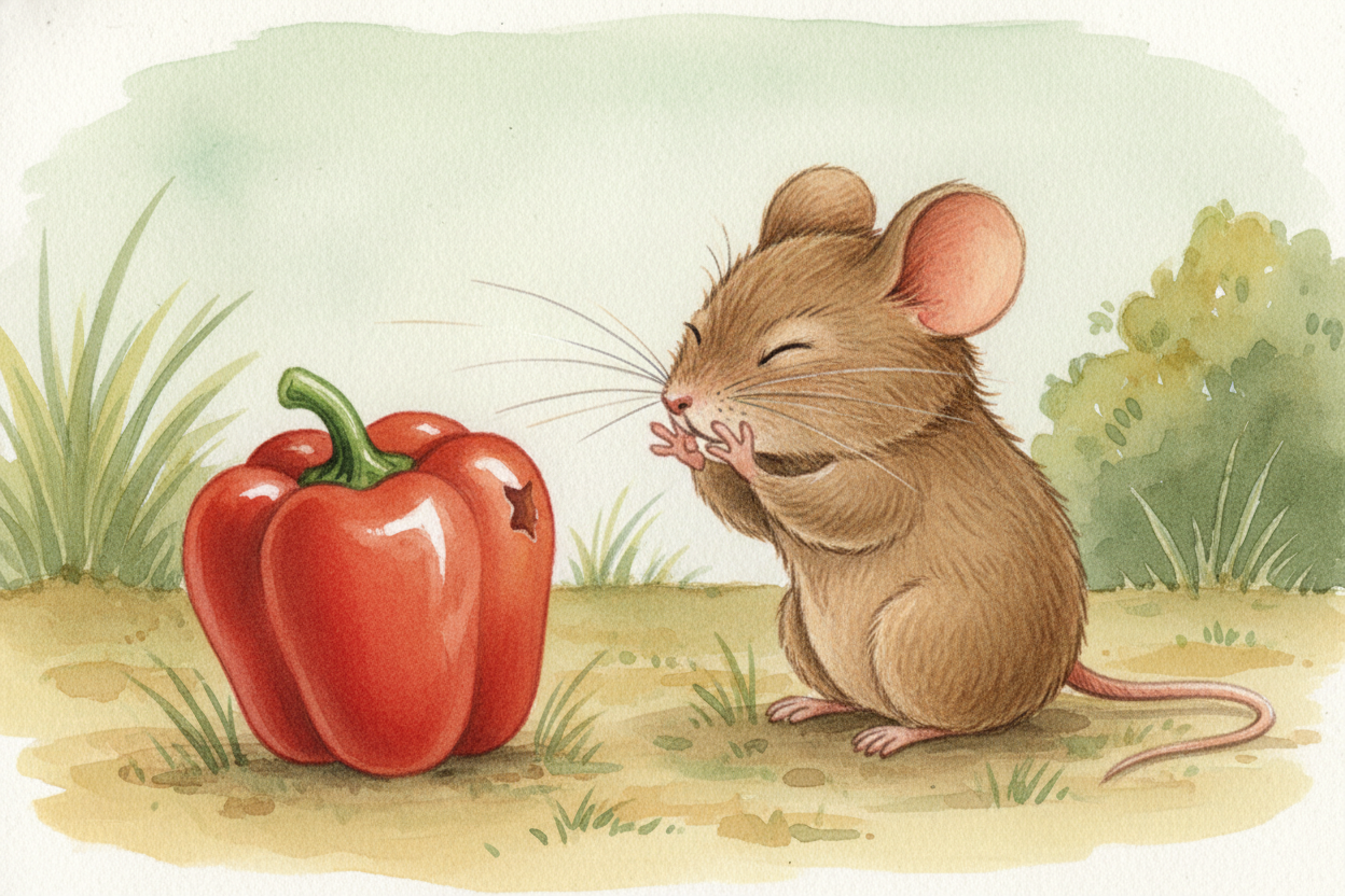 But mammals — like us, and like the rodents that used to nibble wild peppers — taste capsaicin as ~~searing heat~~. We c