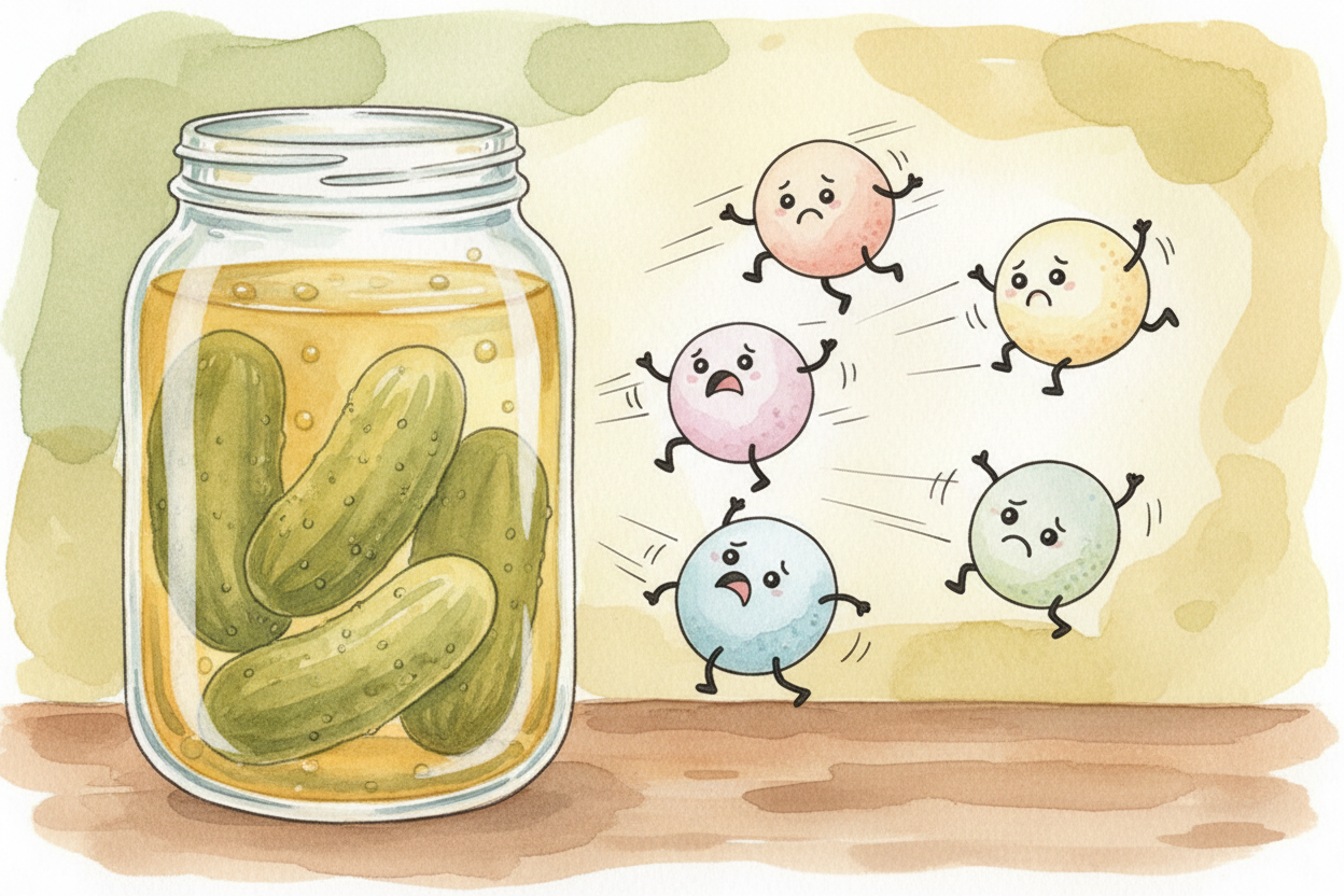 비밀은 피클이 아주 작은 생물들이 대부분 싫어하는 세상에 산다는 거예요. 바로 **식초와 소금의 바다죠.** 세균과 곰팡이는 살아남으려면 물이 필요한데, *아주 시고 아주 짠 곳*은 견디지 못해요. **레몬즙으로 만