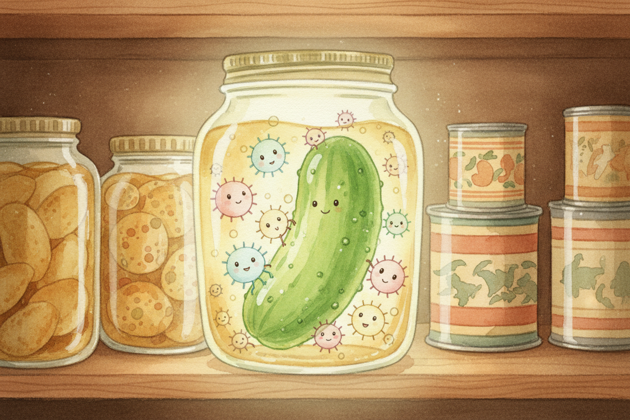 식초를 쓰든 발효를 하든, *결과는 같아요.* 오이가 산과 소금에 푹 잠기고, 공기 없이 병 안에 밀봉되는 거죠. 세균, 곰팡이, 효모가 신나게 놀려면 산소와 물, 편안한 ++pH++가 필요해요. ~~하지만 피클은~