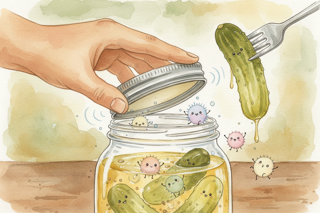 병이 밀봉되어 있는 한, **아무것도 들어가지 못해요**. *새 세균도, 공기도, 오염도* 없죠. 산과 소금은 **계속 보초를 서요**. ~~하지만 병을 여는 순간~~ 시계가 ~~째깍째깍 움직이기 시작해요~~. 공기