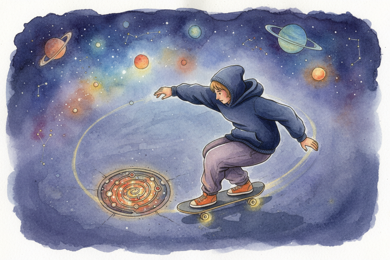 ~~Here's the trick:~~ Earth isn't falling straight down toward the sun. It's **falling sideways while it falls forward**