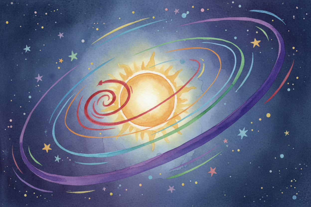 Every planet does this same falling-sideways dance. ++Mercury++ zooms around the sun in just **88 days** because it's cl
