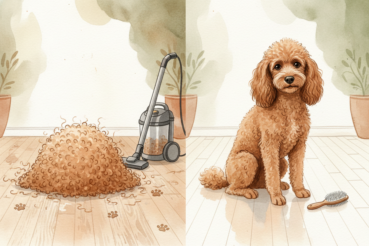 Because Poodle hair **grows continuously** _instead of cycling through shed-and-regrow phases_, old hairs *don't fall ou
