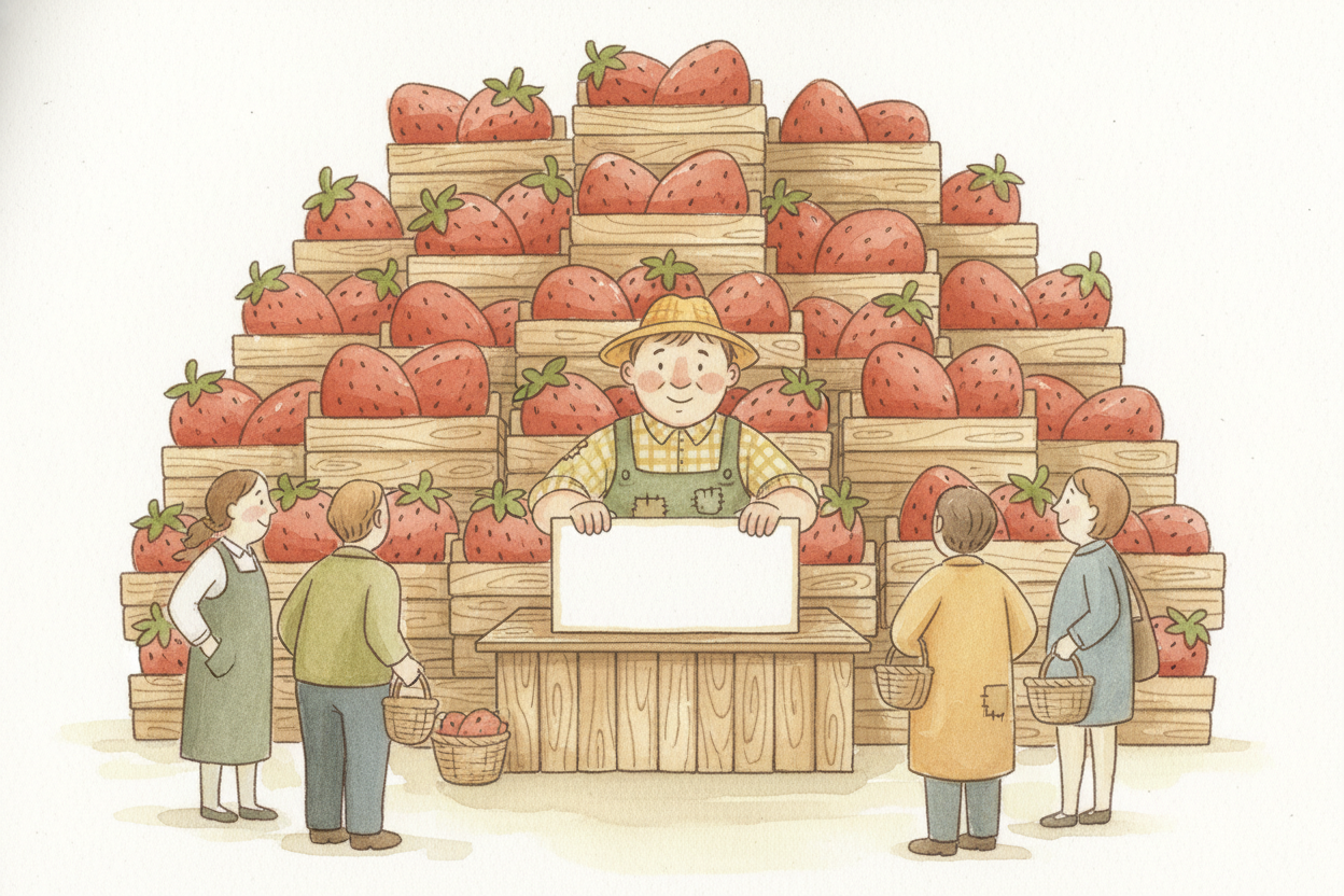 ~~But here's the flip side.~~ Next week, a hundred farms harvest strawberries all at once. Now the store has **mountains