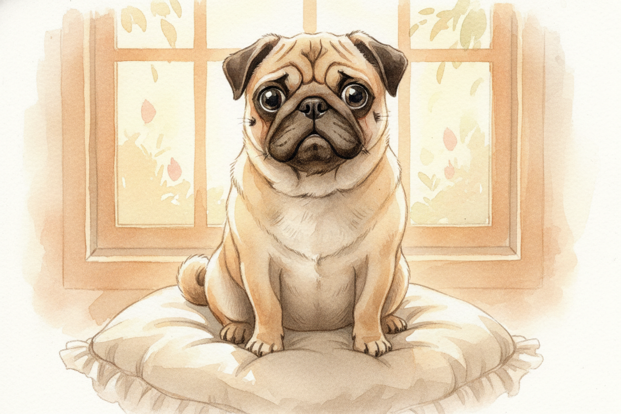 Look at a ++pug++'s face — all wrinkles and pushed-in nose, **eyes like shiny black buttons**. It's the kind of face tha
