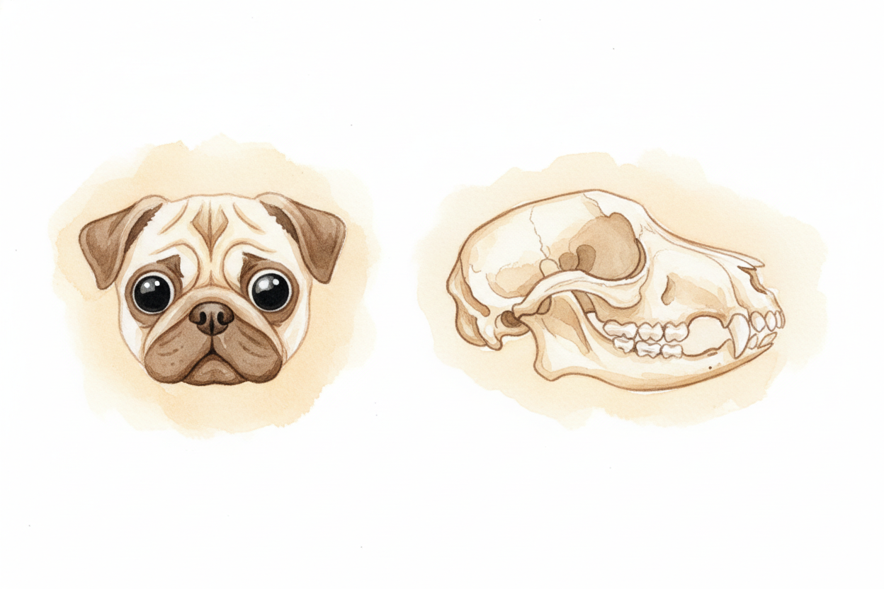 ~~But here's what actually makes a pug's face flat.~~ Inside a pug's skull, the bones of the snout are much shorter than