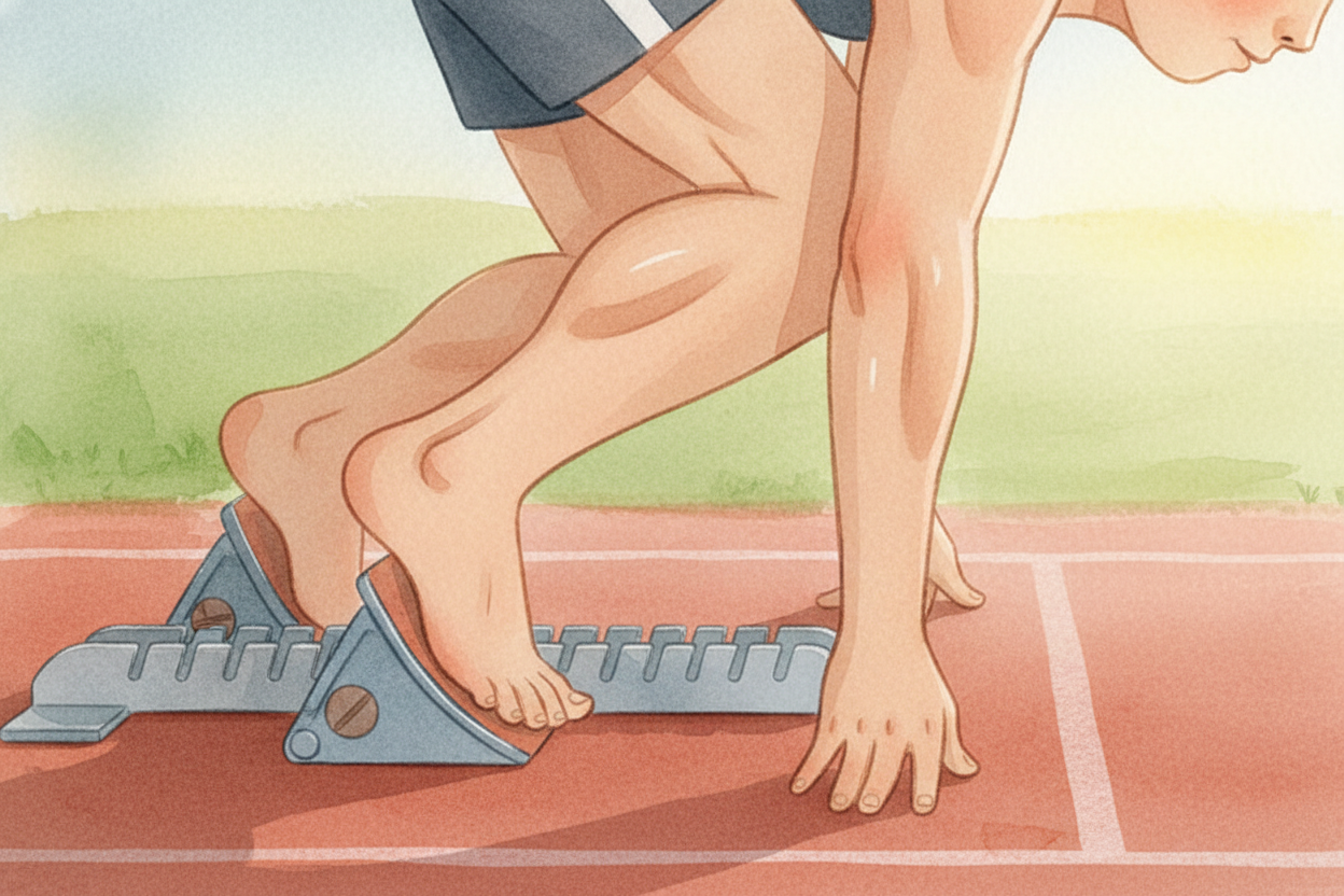 The metal starting blocks make it even better. Sprinters wedge their feet against angled blocks bolted to the track. ~~N