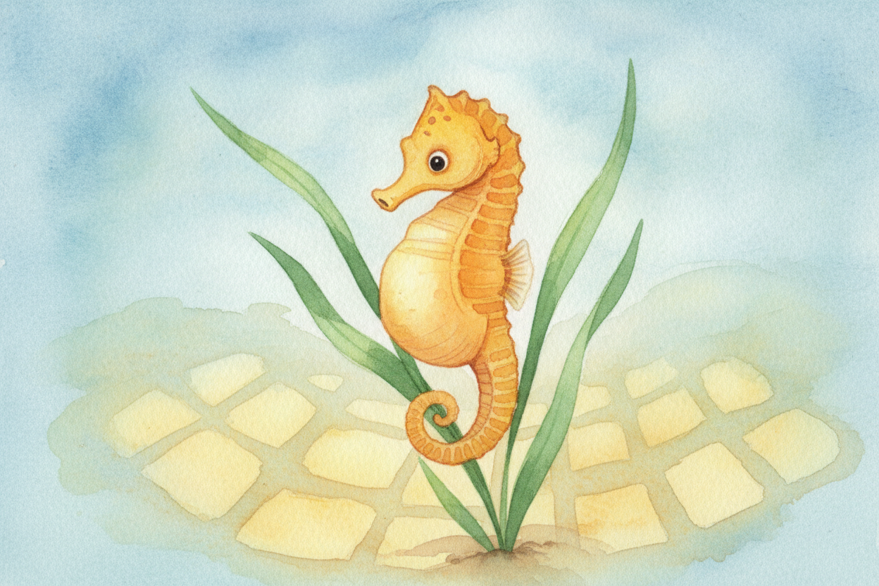~~Picture a tiny seahorse~~, **curled like a question mark** in the swaying grass of the sea. Now look closer at its bel