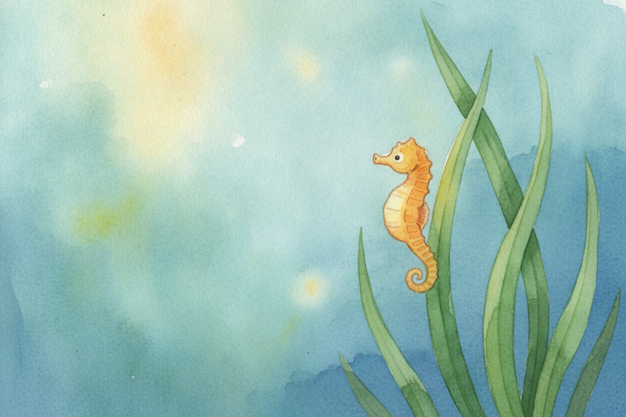 And somewhere out in the ~~swaying green~~, a **brand-new seahorse** hangs on tight, belly still flat, no idea yet of th