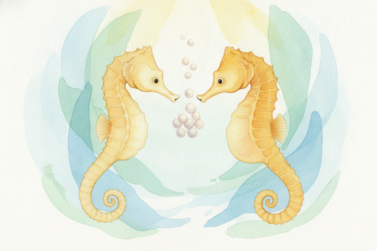~~First, a quick fix of one tiny myth:~~ **a pregnant seahorse dad** isn't growing babies out of nowhere. *The eggs stil