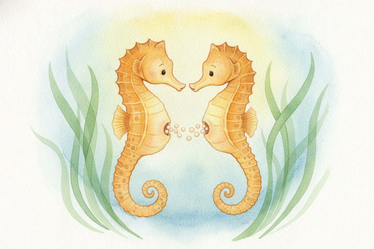 The seahorse dad has something most other dads don't: **a pouch**. It sits on the front of his belly, soft and stretchy,