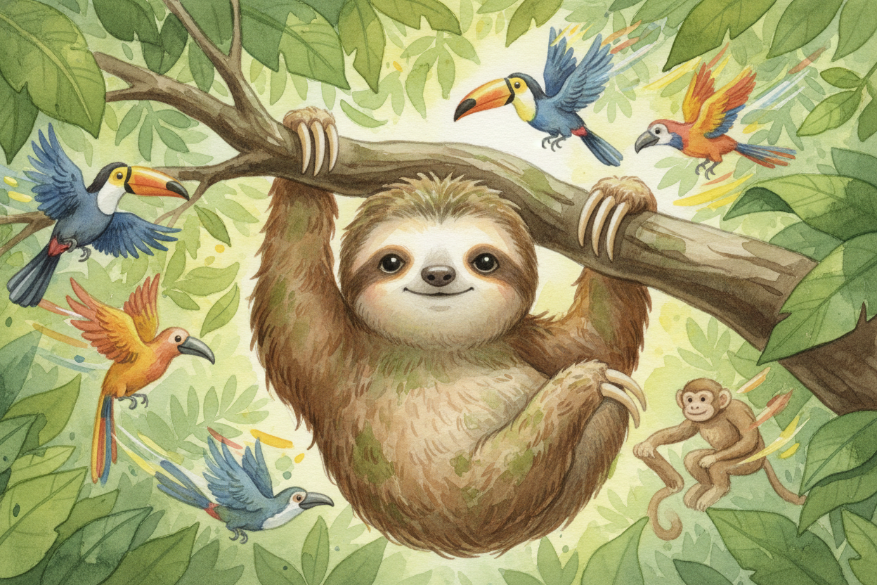 High in the rainforest canopy, a sloth hangs upside-down from a branch, barely moving. While monkeys leap and birds dart