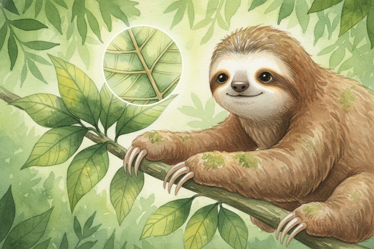 The secret starts with what sloths eat: leaves. Just leaves, all day, every day. Leaves are everywhere in the rainforest