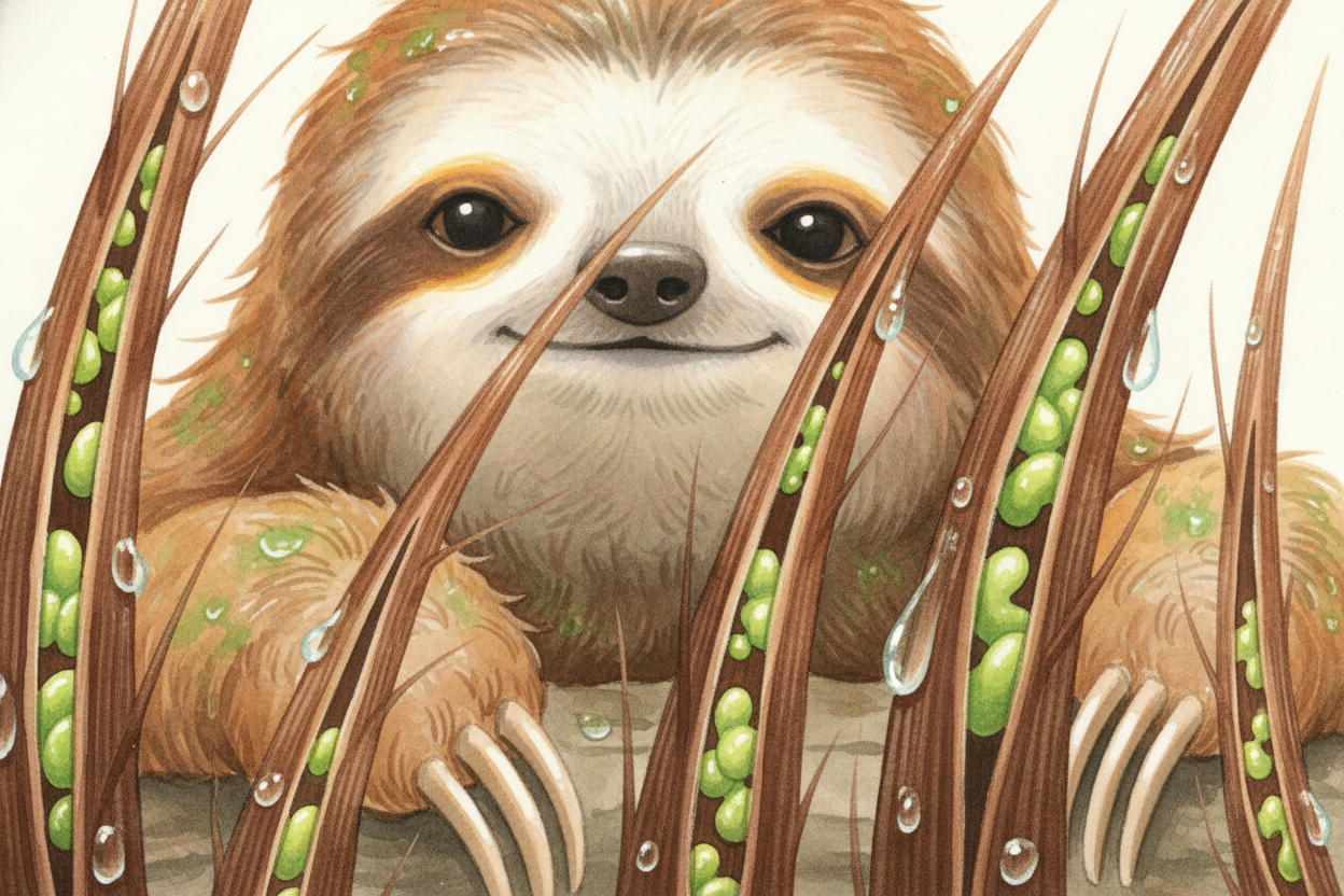 ~~Now for the green fur.~~ Sloth fur is different from yours or a dog's — each hair has **tiny grooves running along it,