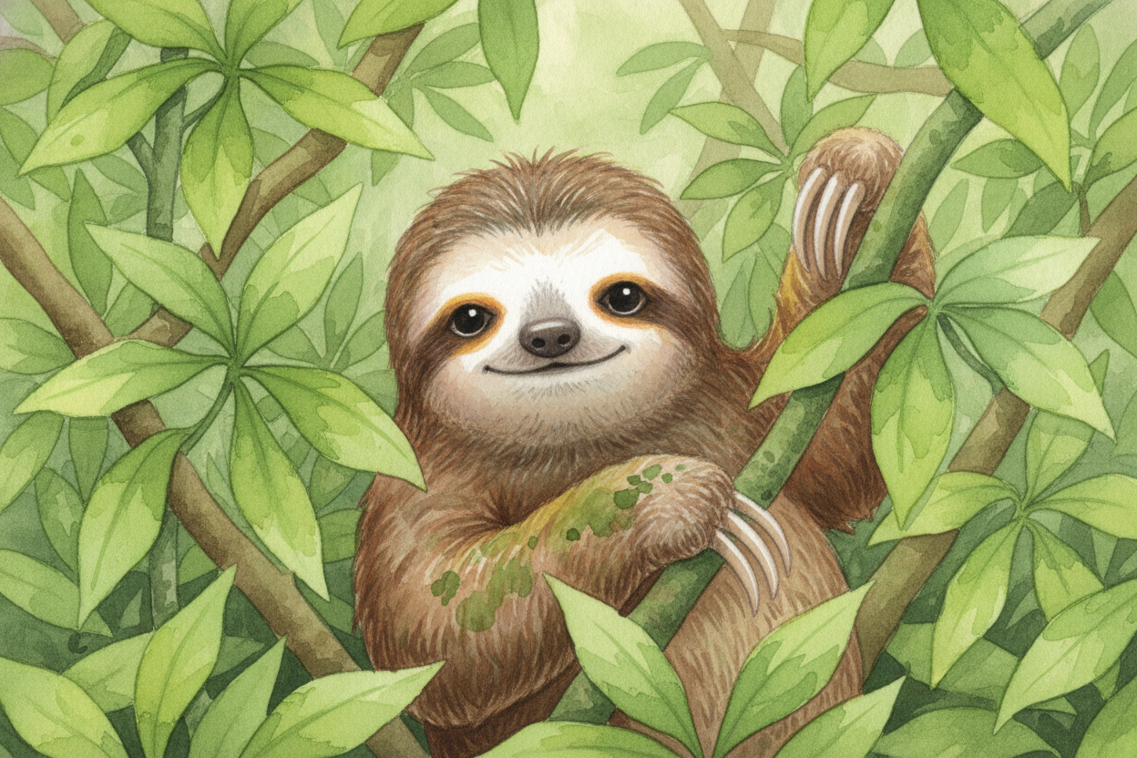 The algae isn't a problem — **it's camouflage**. A brown mammal hanging in green leaves would stand out. But a green mam