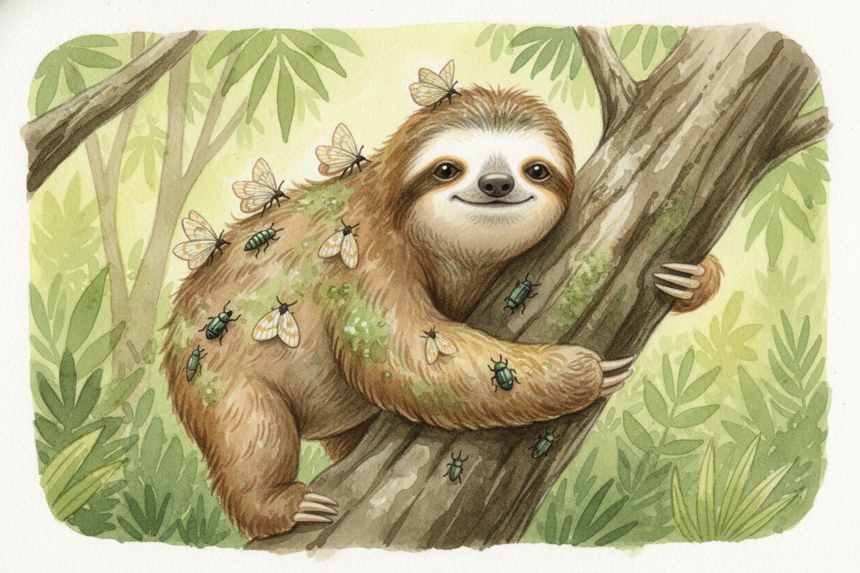 The algae do so well on sloth fur that other creatures move in too. Moths live in the fur and lay their eggs in sloth du