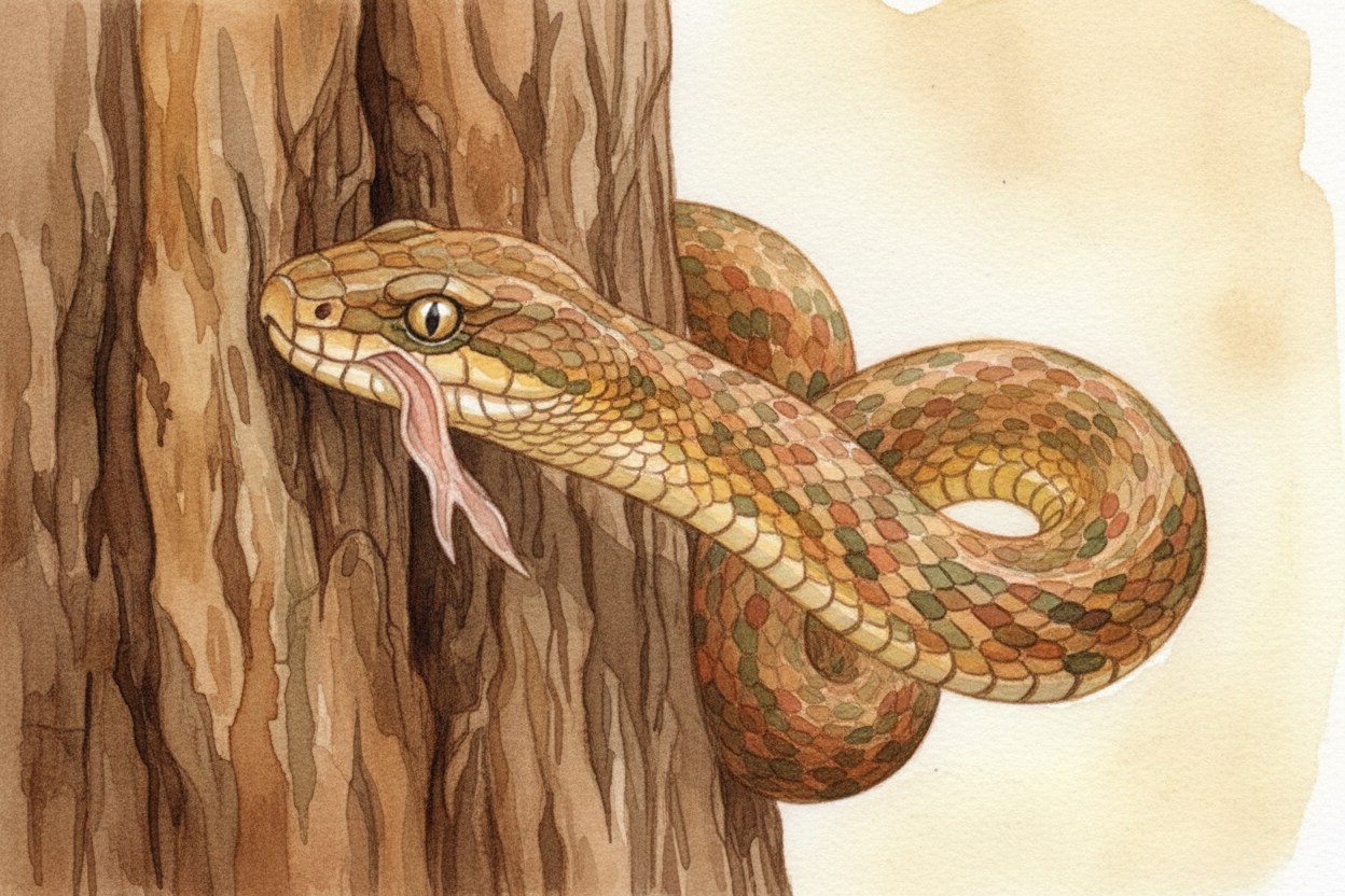 When the new skin is ready, the snake finds a rough surface — a branch, a rock, anything with texture. It rubs its nose 