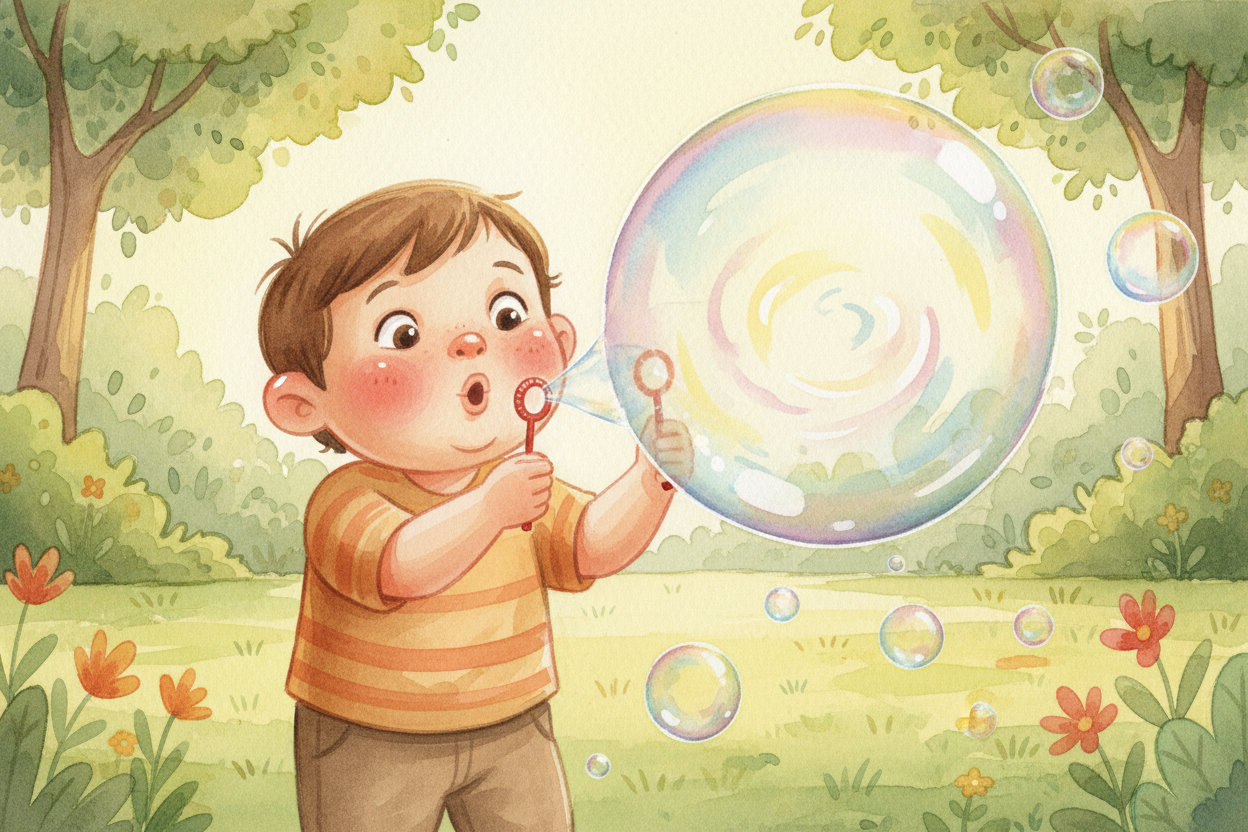 You blow a bubble, ~~and there it goes~~ — floating, wobbling, and somehow wearing a **swirling rainbow coat** it didn't