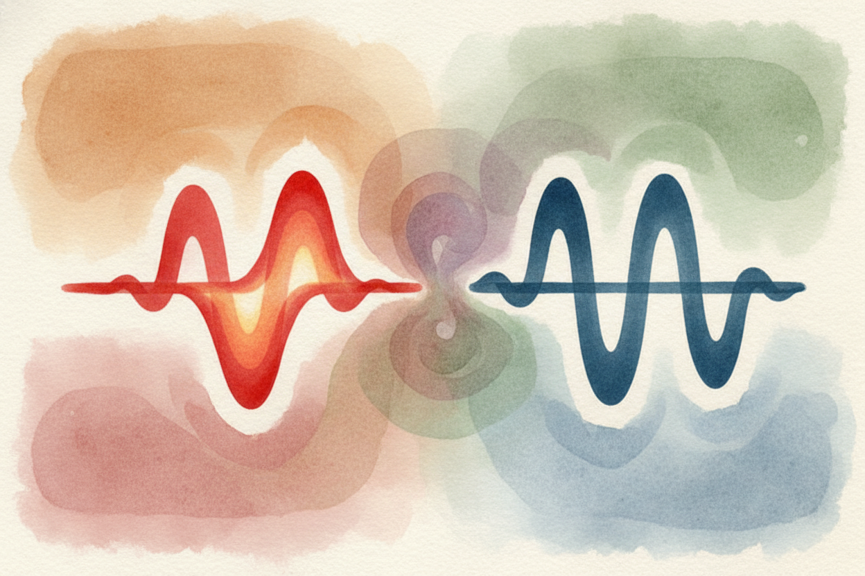 ~~Here's where it gets wild.~~ When those two sets of waves meet up again in the air, they either **high-five each other