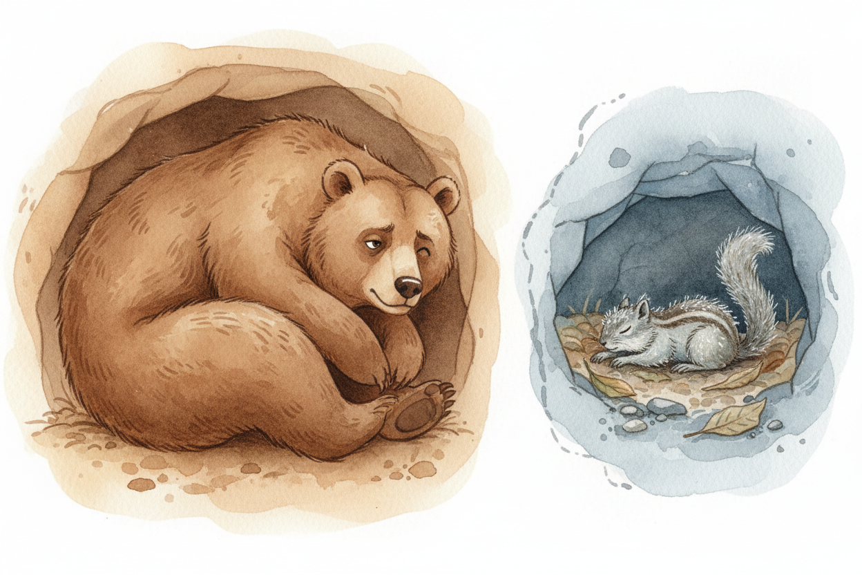 Not all hibernators hibernate the same way. Bears are **light sleepers** — their body temperature drops only a little, a