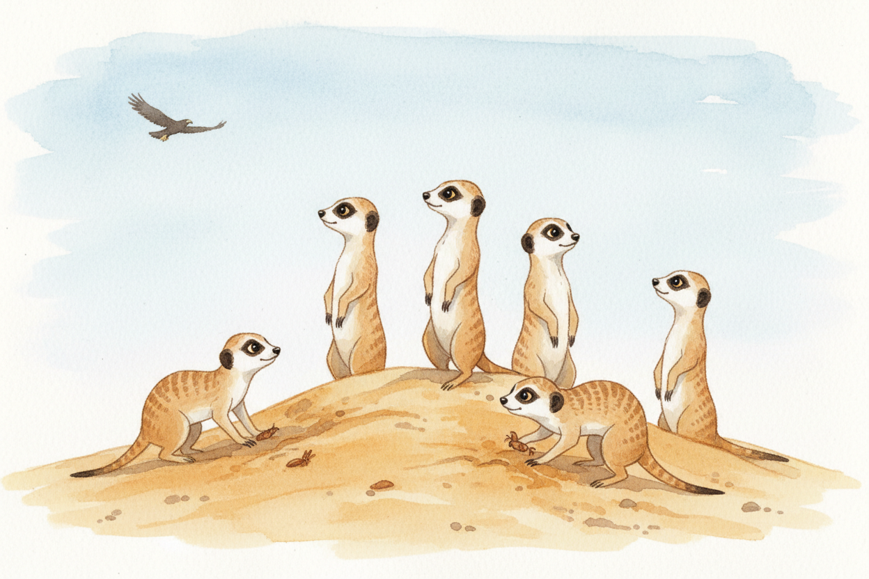 First big reason: more eyes watching for danger. Imagine you're a meerkat standing guard in the ++Kalahari Desert++. One