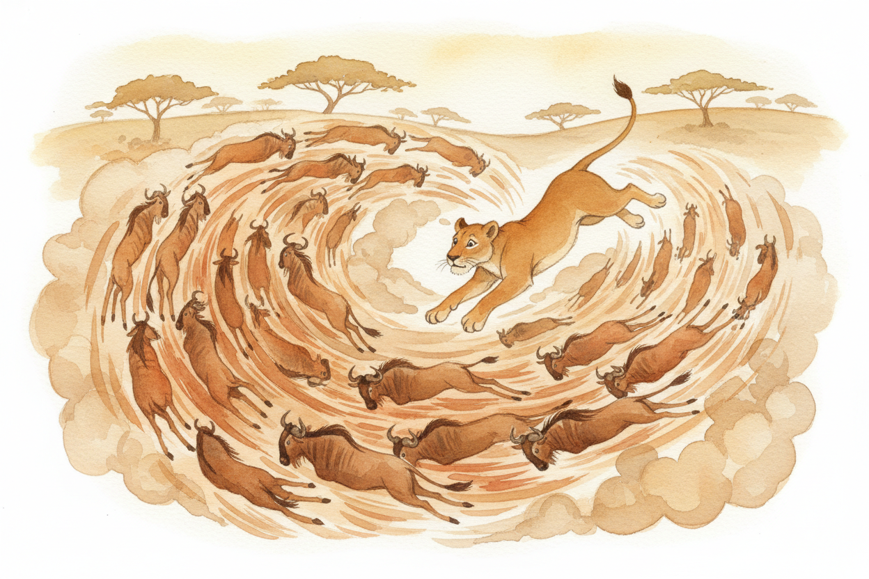 Second reason: groups confuse predators. When a lion charges at a herd of wildebeest, she **has to pick one target** and
