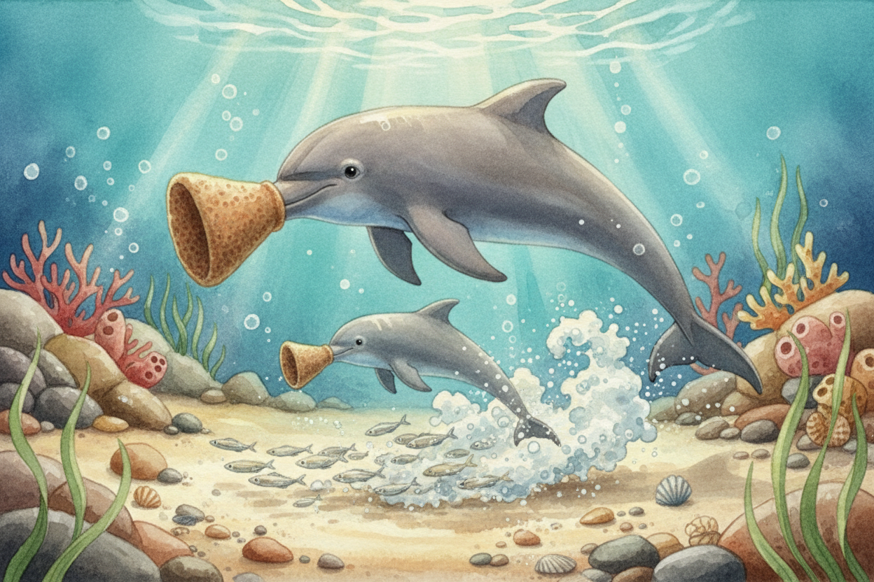 Living in groups means you can share knowledge, too. When one dolphin figures out a clever trick — like **wearing a spon
