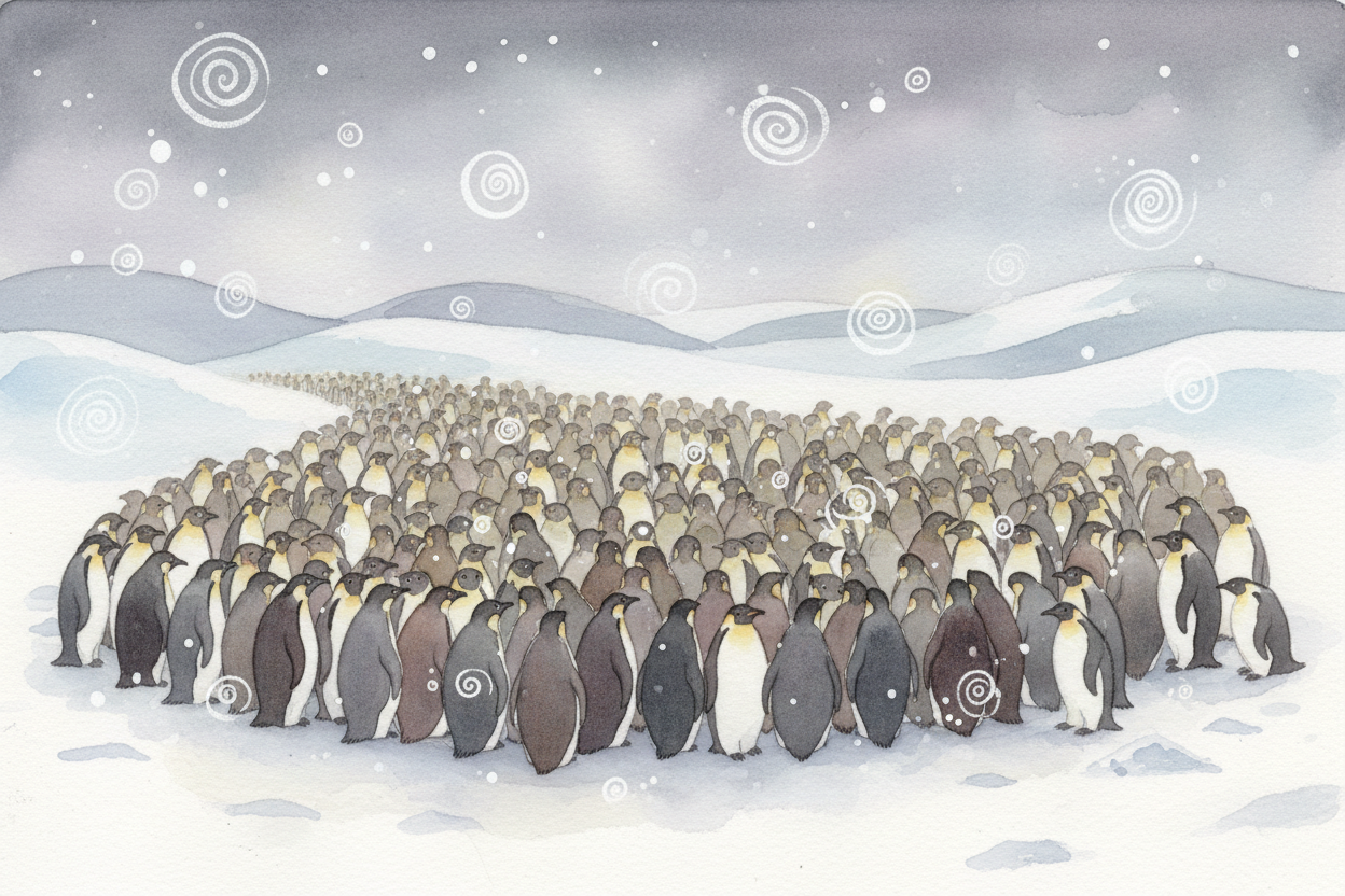 Then there's warmth. ++Emperor penguins++ survive ++Antarctic++ winter — the **coldest place on Earth** — by huddling in