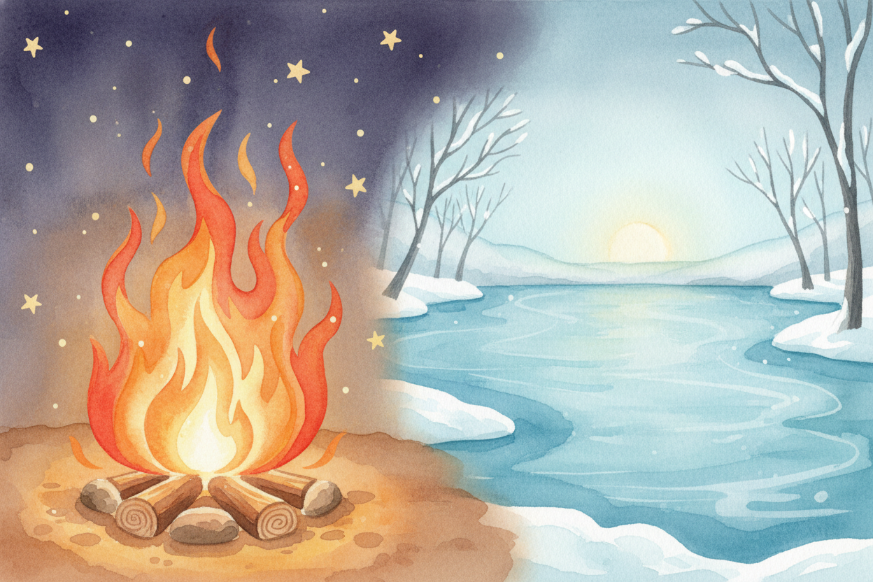 ~~Close your eyes and picture~~ a crackling campfire — **oranges and reds dancing in the dark**. Now imagine a frozen la