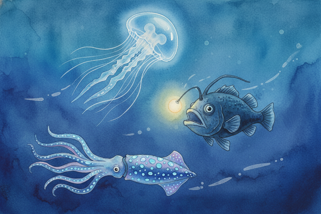 ~~The lights are the animals themselves.~~ A jellyfish pulses with blue glow. An anglerfish dangles a glowing lure from 