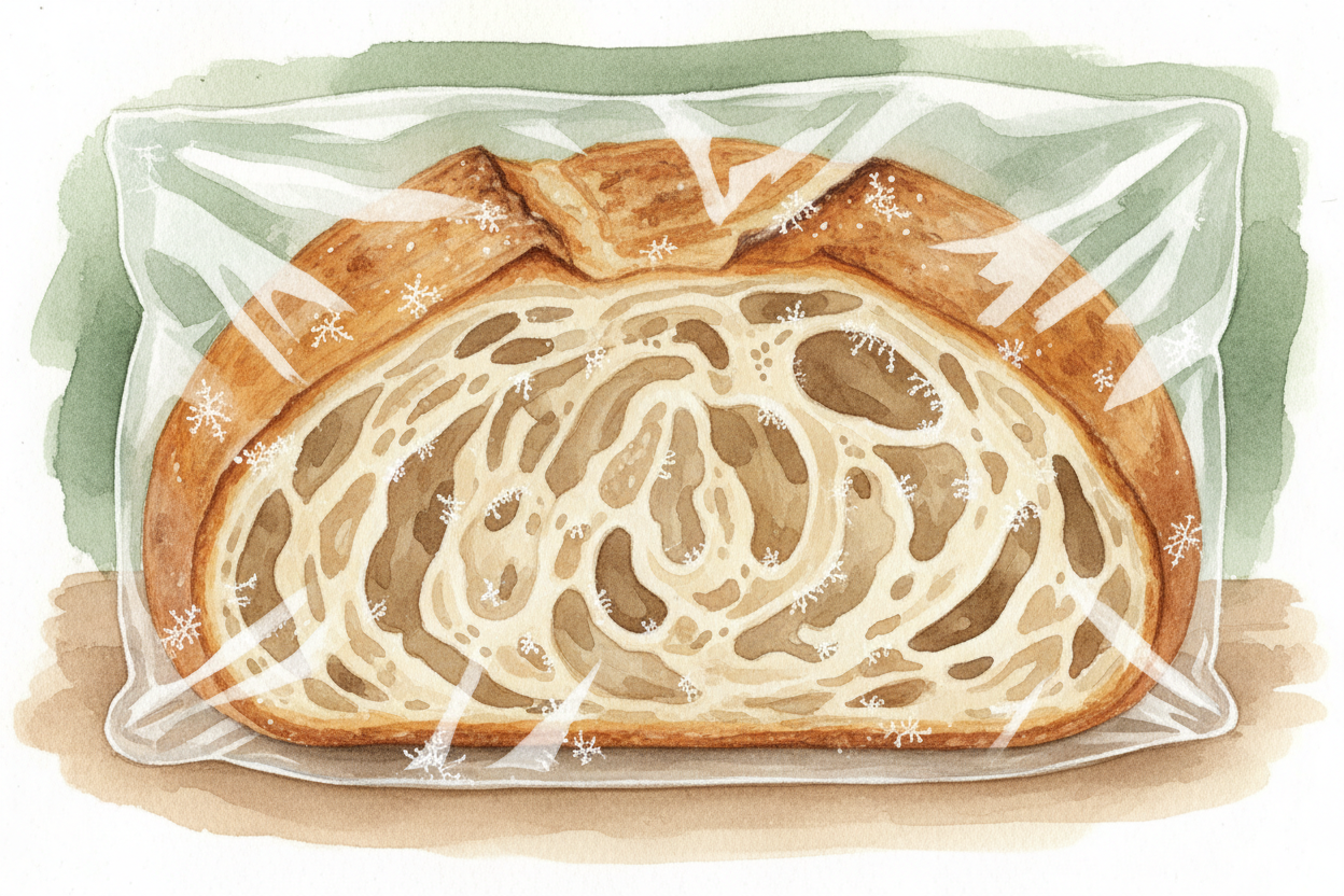 Bread goes stiff in the freezer, but it's not quite rock-hard like a banana. That's because bread is only about **35% wa