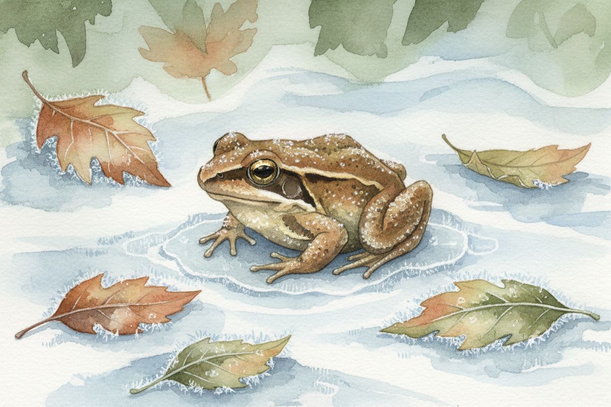 When temperatures drop below freezing, ice crystals start forming inside the frog's body. Its heart slows. ~~Then stops.