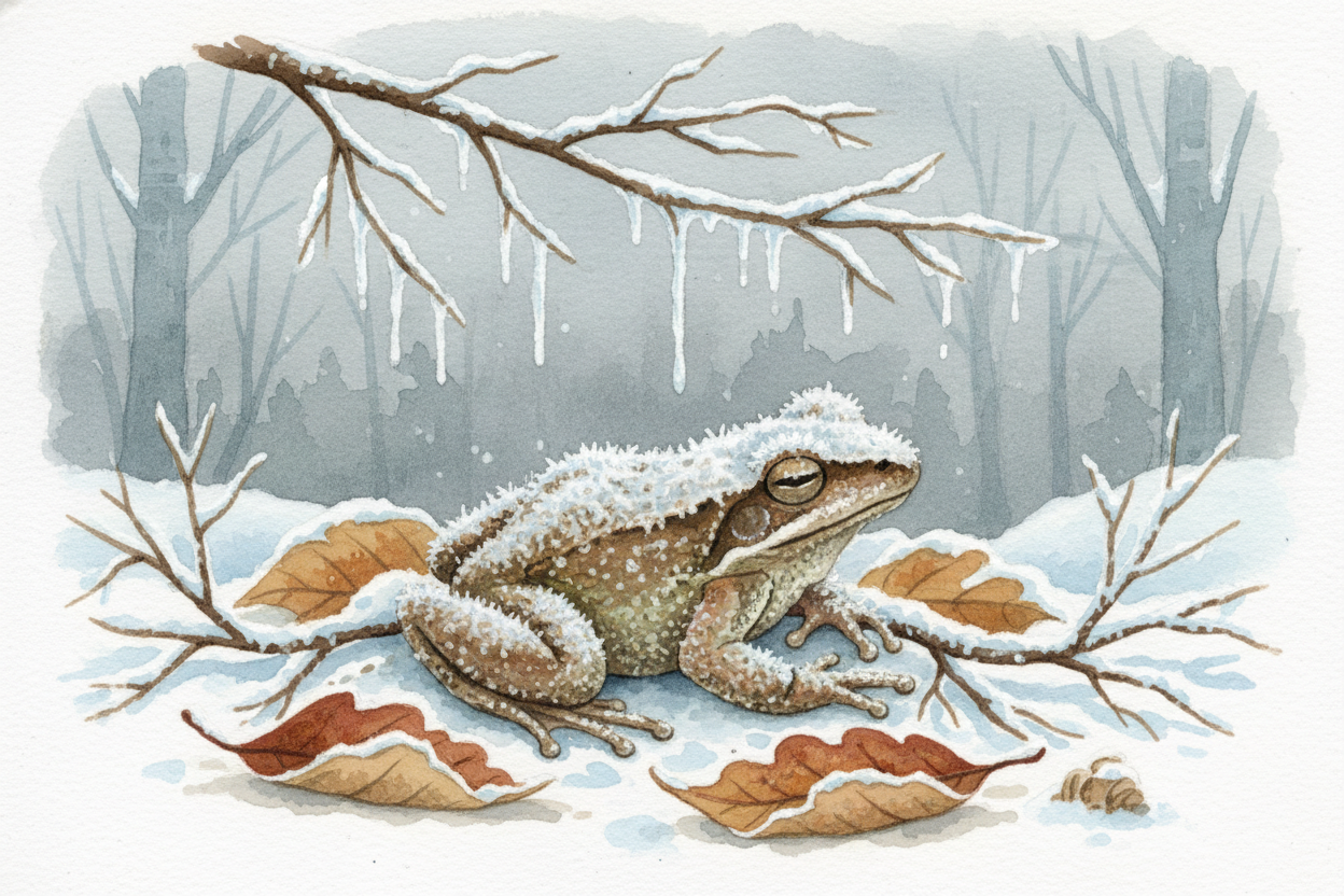 And then the frog waits. ~~Frozen.~~ For weeks, sometimes months. No heartbeat. No brain activity. A living thing that h