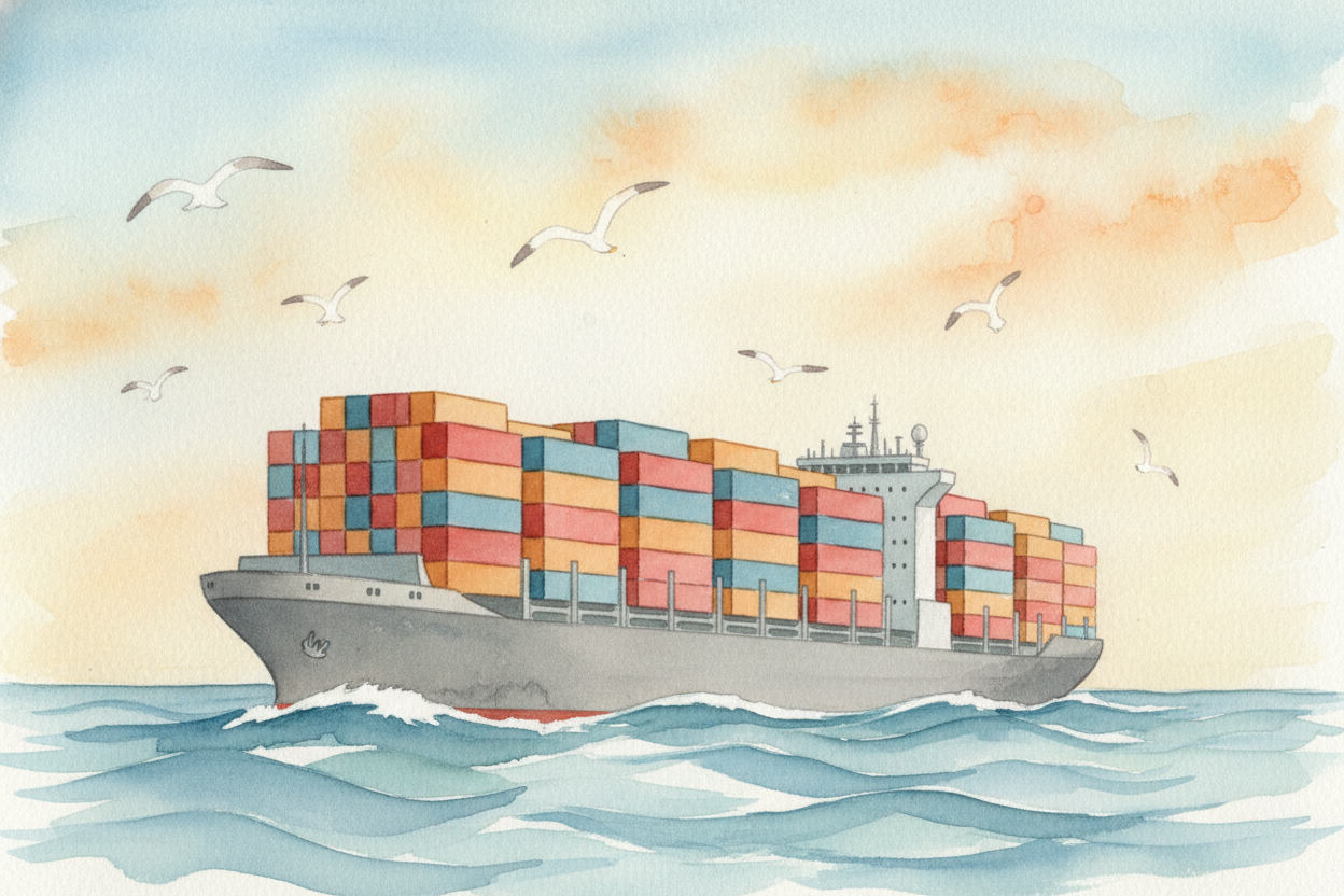 Ships made the whole system possible. A single container ship—a **floating city of metal boxes**—carries **ten thousand 