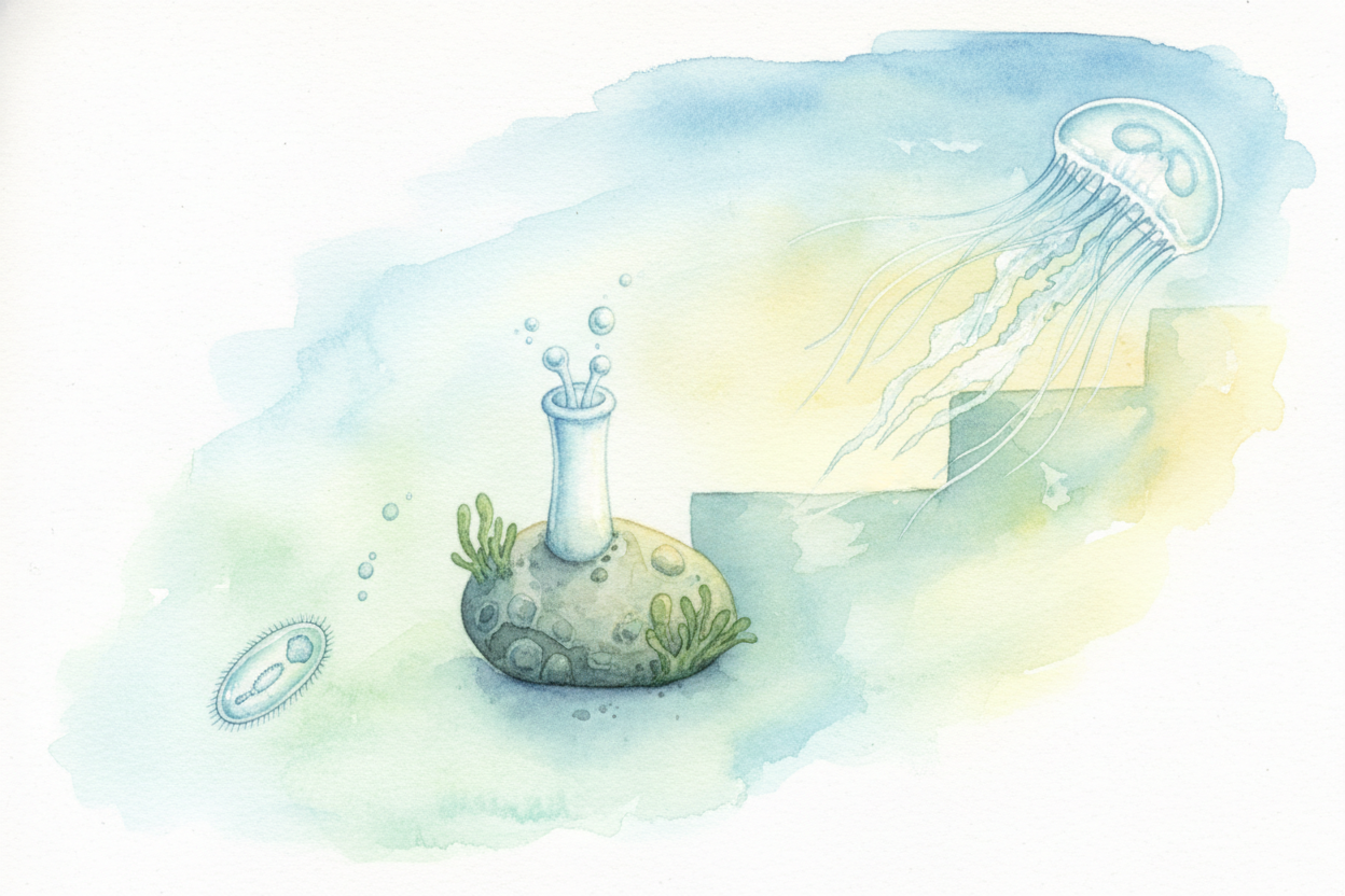 ~~Here's how the trick works.~~ A normal jellyfish hatches as a tiny larva that drifts until it finds a rock. It sticks 
