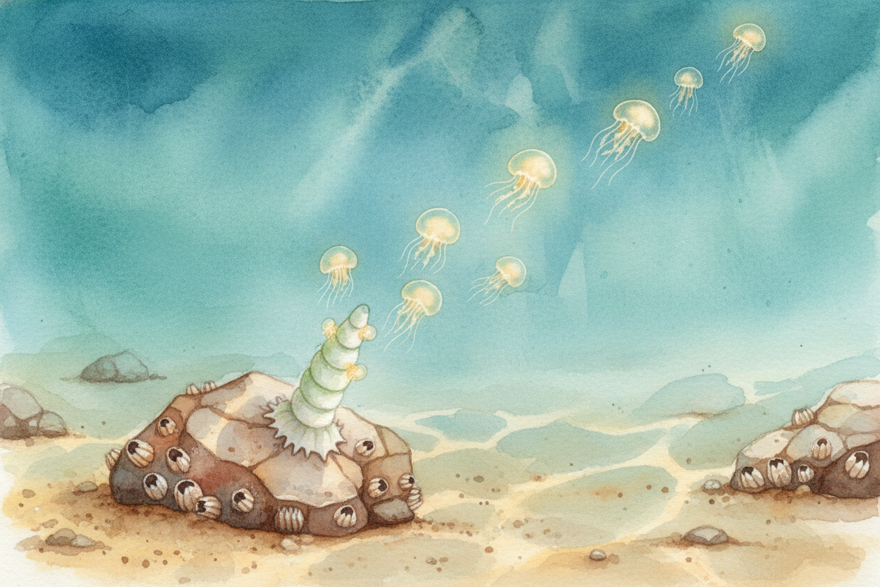 Within a few days, the blob reshapes itself into a polyp — the tube stage it was when it was young. It sticks to a rock,