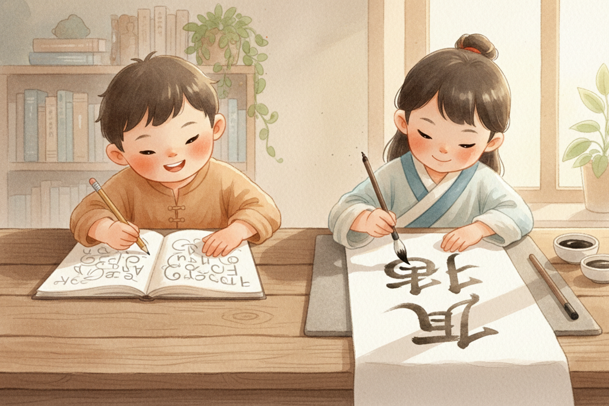 Letters are fast to learn — just **twenty-six shapes** and you can write anything. Characters take years to master — **t