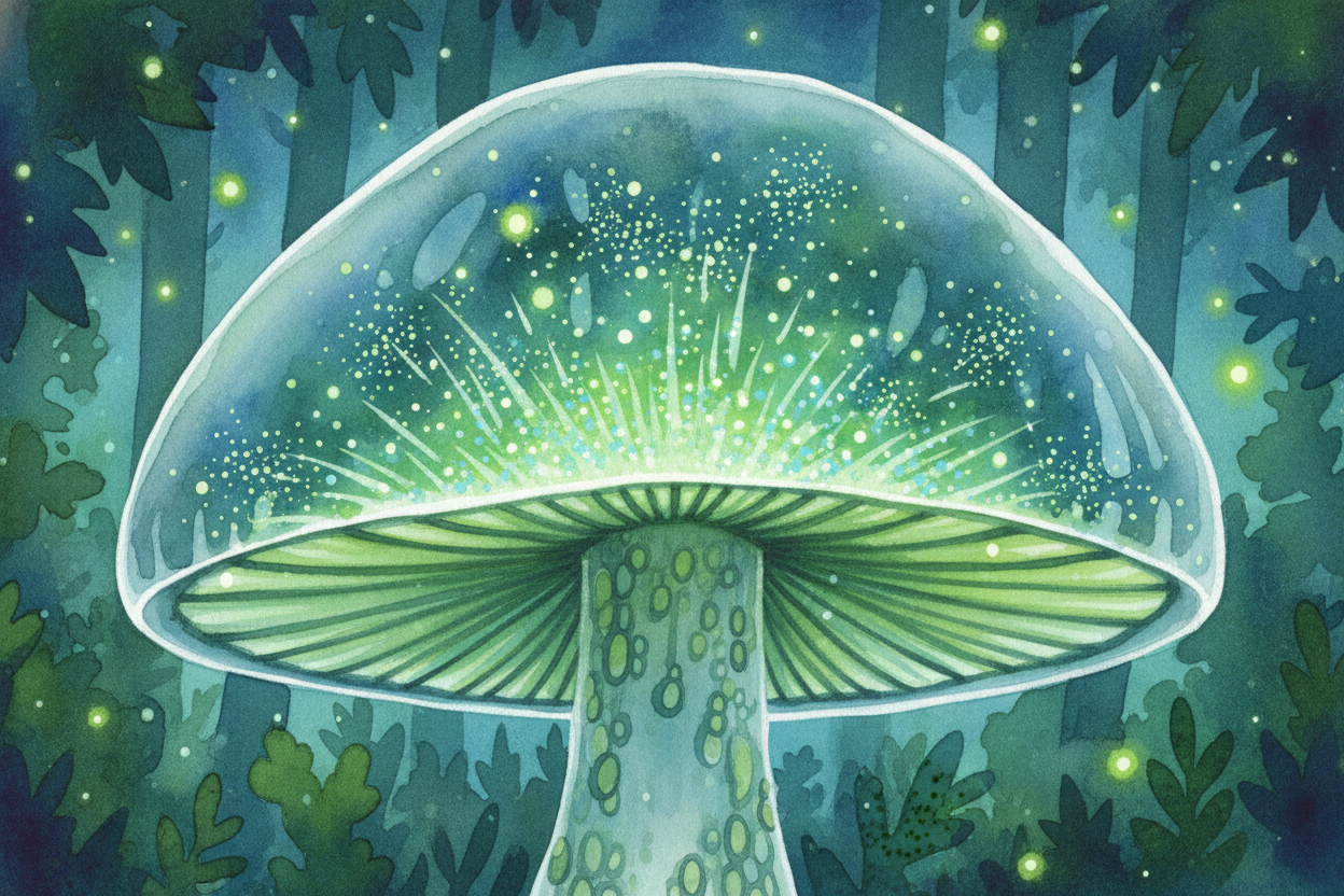 The glow comes from a chemical reaction happening inside the mushroom's cells, the same way a firefly lights up or a glo