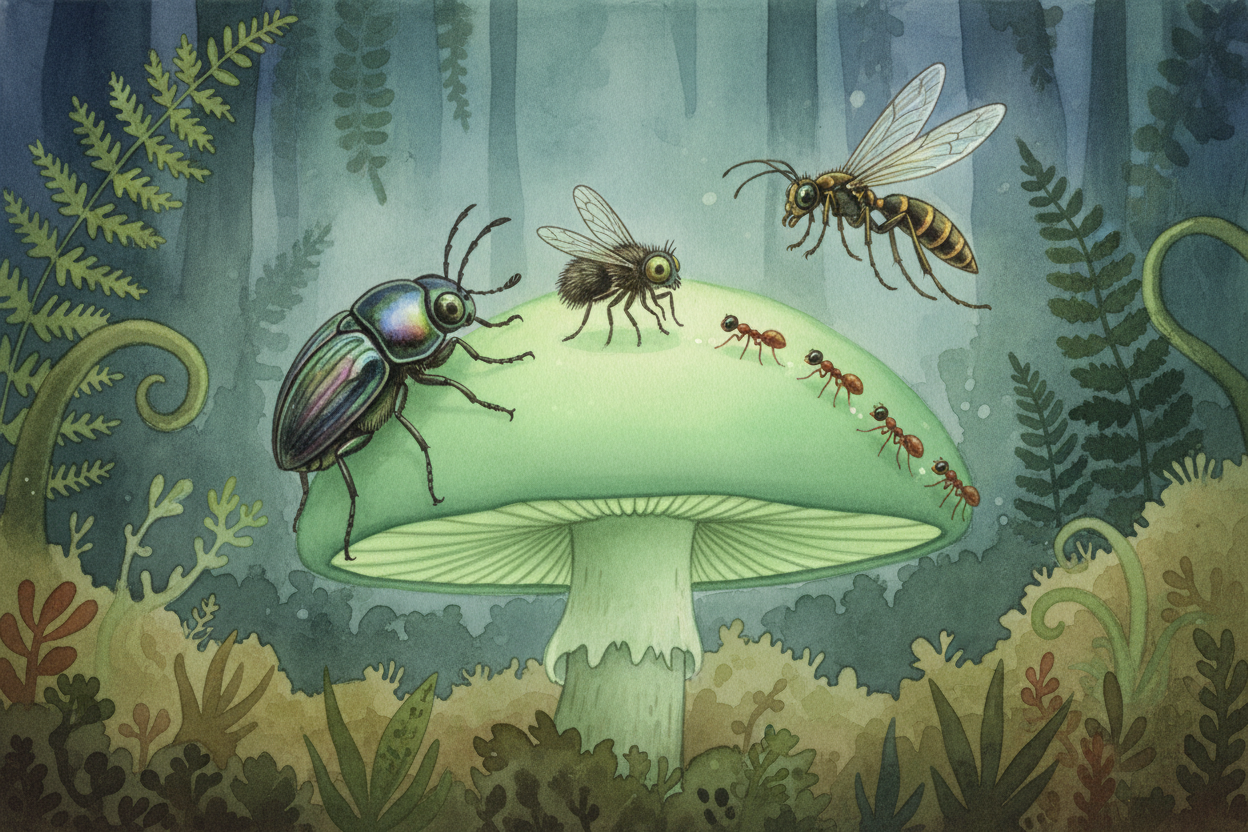 The glowing fake mushrooms attracted **ten times more insects** than the dark ones. Beetles, flies, ants, and wasps land